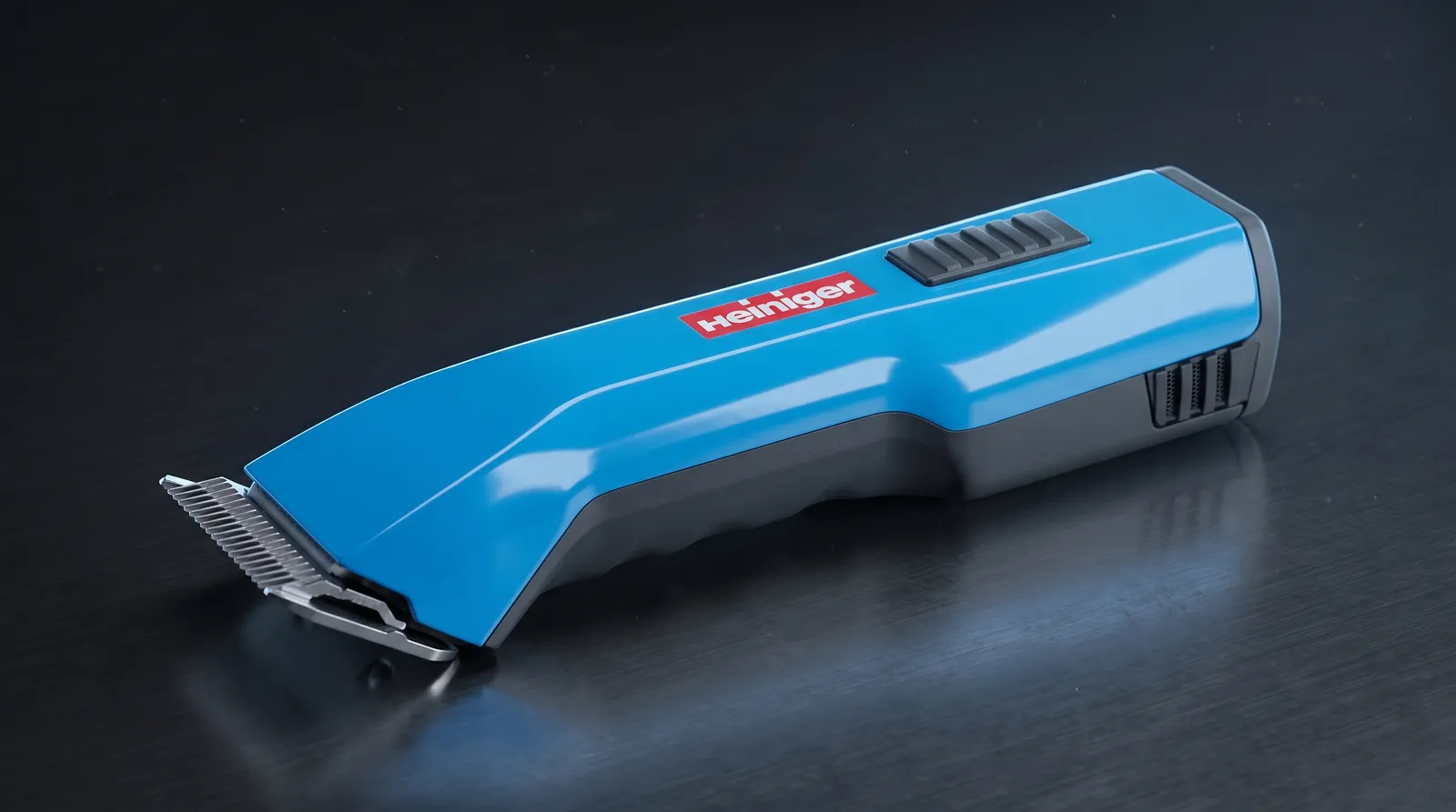 Tosatrice Heiniger Saphir a batteria, versione azzurra, vista di tre quarti